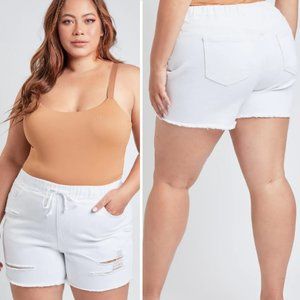 YMI | White Stretch Denim Shorts Distressed Raw Hem Elastic Waist Drawstring